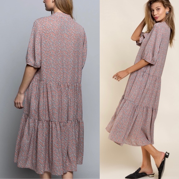 POL Ditsy Flower Red Bean MIDI Dress - Picture 3 of 8